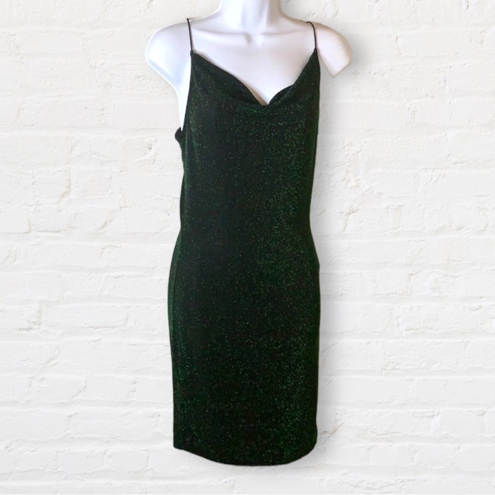 H&m green sparkly stretchy dress skinny elastic straps and draped collar